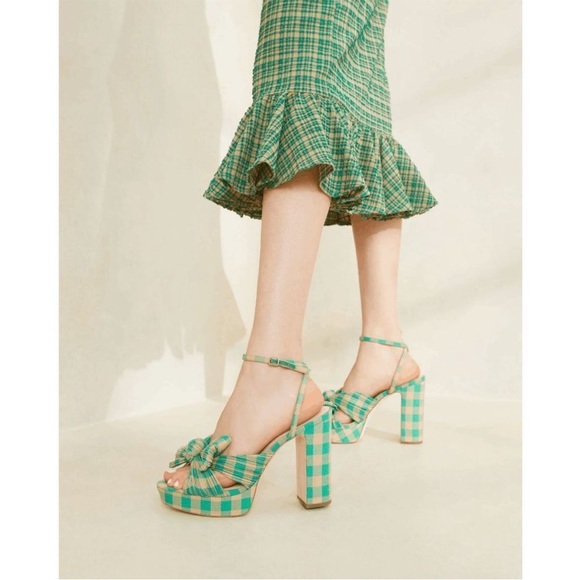 Loeffler Randall Natalia Pleated Plaid Platform Sandals Women's Green Size 7 NEW - Picture 2 of 13